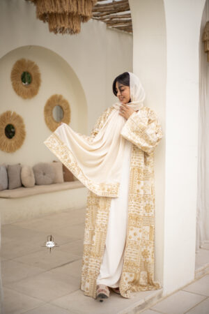 Beige Hand Embroidered Open Abaya