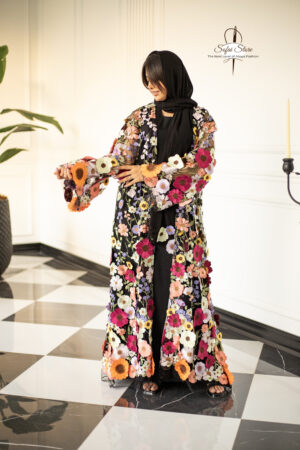 Black Multicolor Floral Mesh Open Abaya