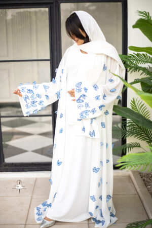 White Butterfly Embroidered Open Abaya