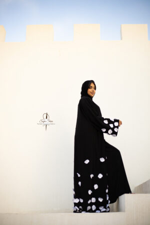 Black Open Abaya With White Flowers