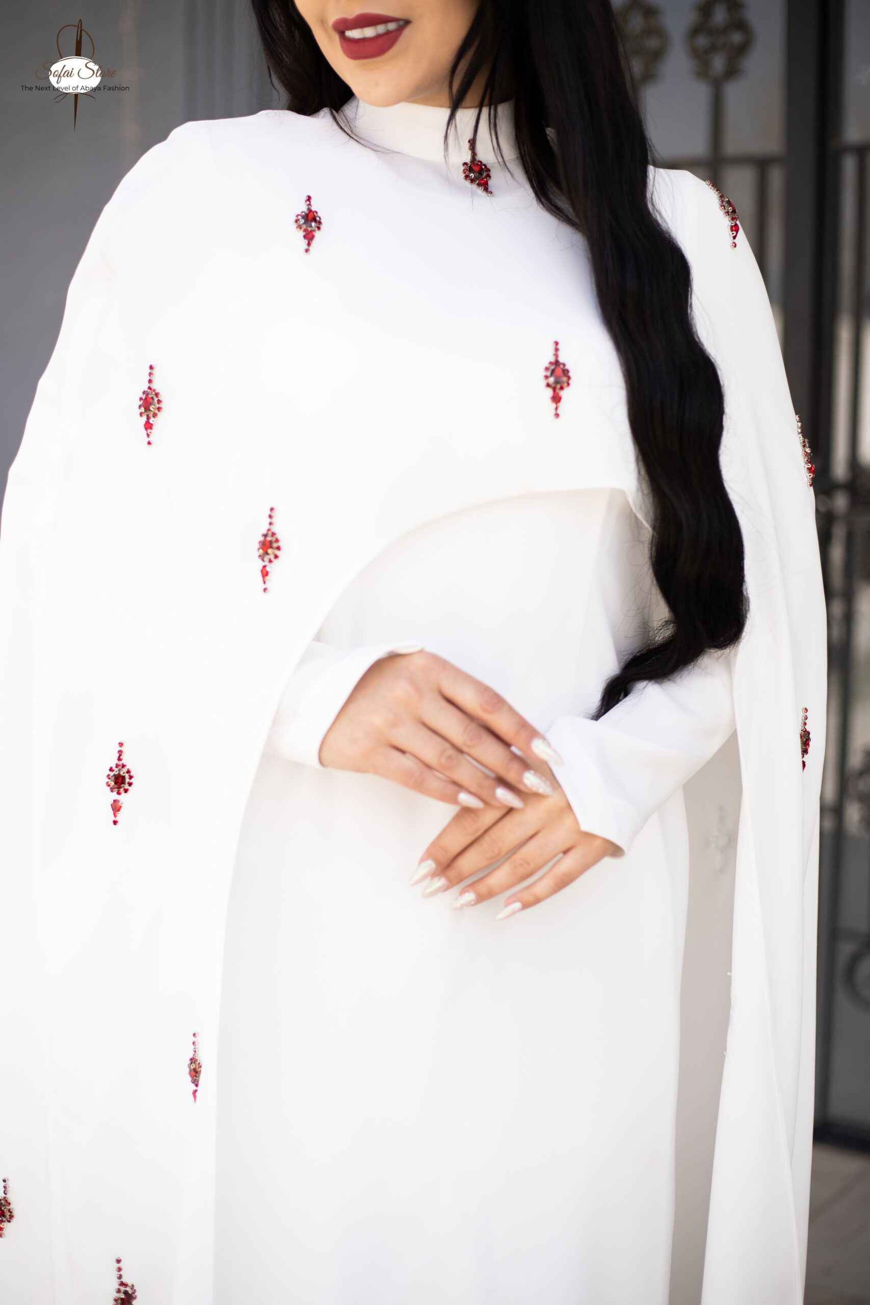 White High Neck Cape Abaya - Image 2