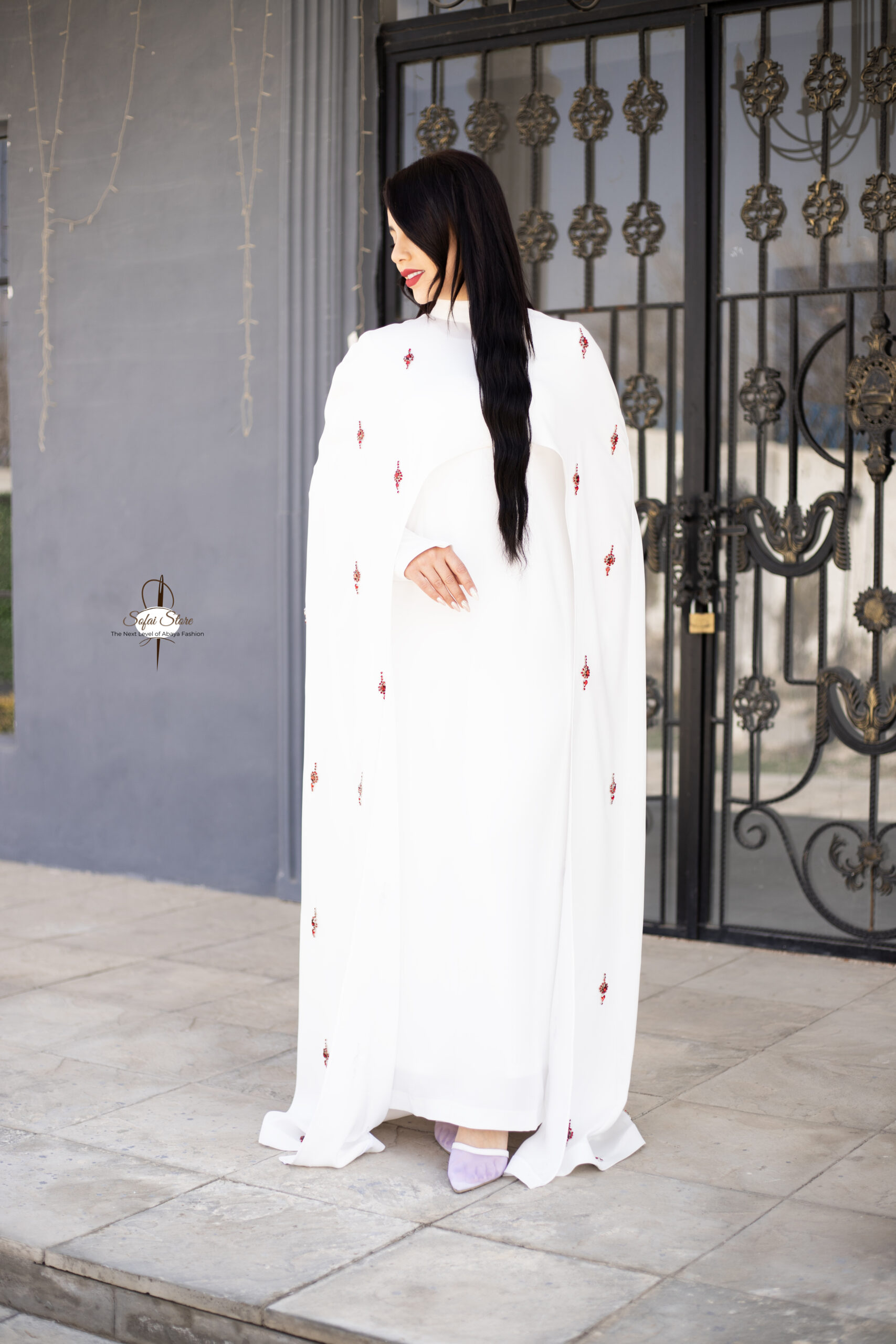 White High Neck Cape Abaya - Image 5