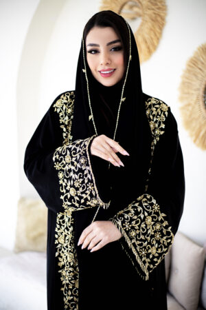 Black & Gold Embroidered Open Abaya