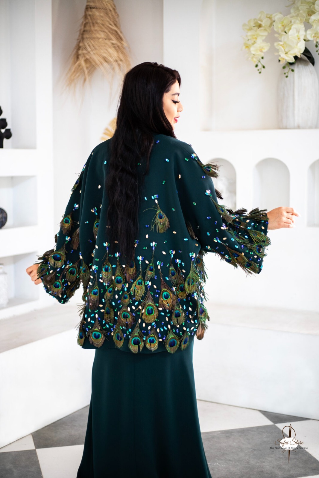 Fancy Peacock Feather Jacket Style Abaya - Image 4