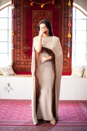 Beige Fur Trimmed Cape Abaya